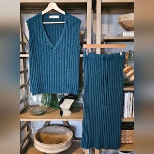 Free People Beach Veda Sweater Set Deep Teal Size S Cotton/Linen Skirt + Top